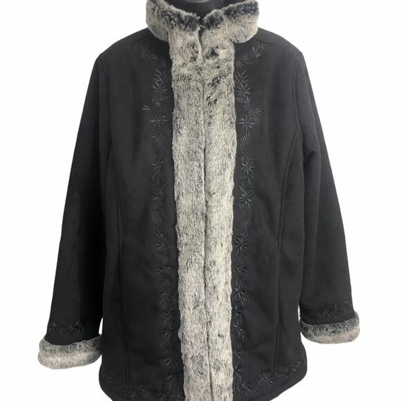 LLBean Warm  Black Faux Suede‎ Embroidered Coat Women's Size M - Picture 1 of 11